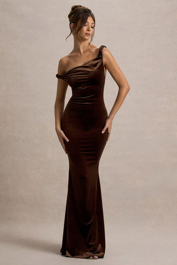 Neeka Brown Velvet Twisted Asymmetric Maxi Dress